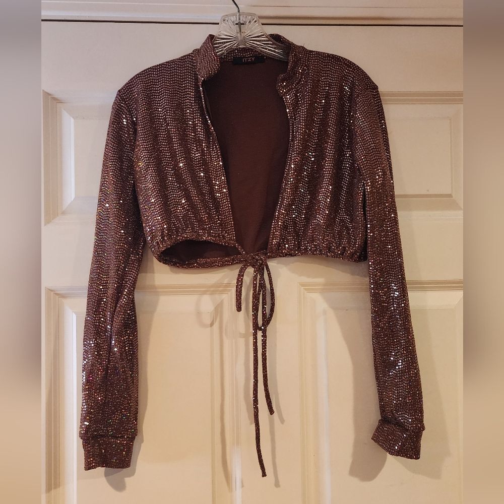Itzy brown sequin sparkle cropped long sleeve top S